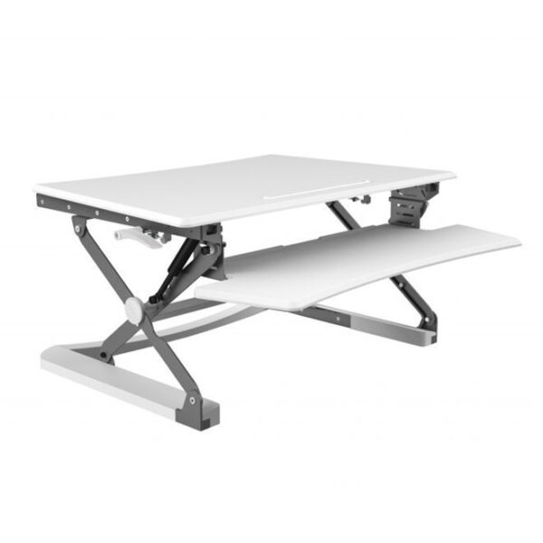 Volledig witte versie van de Adjustable Sit Stand Desk Riser in uitgestrekte positie voor ergonomisch werken op kantoor.