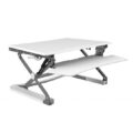 Volledig witte versie van de Adjustable Sit Stand Desk Riser in uitgestrekte positie voor ergonomisch werken op kantoor.